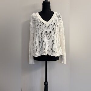 KLD Cropped Open Knit Cotton White Sweater S/M Coastal Grandma Lagenlook Beachy
